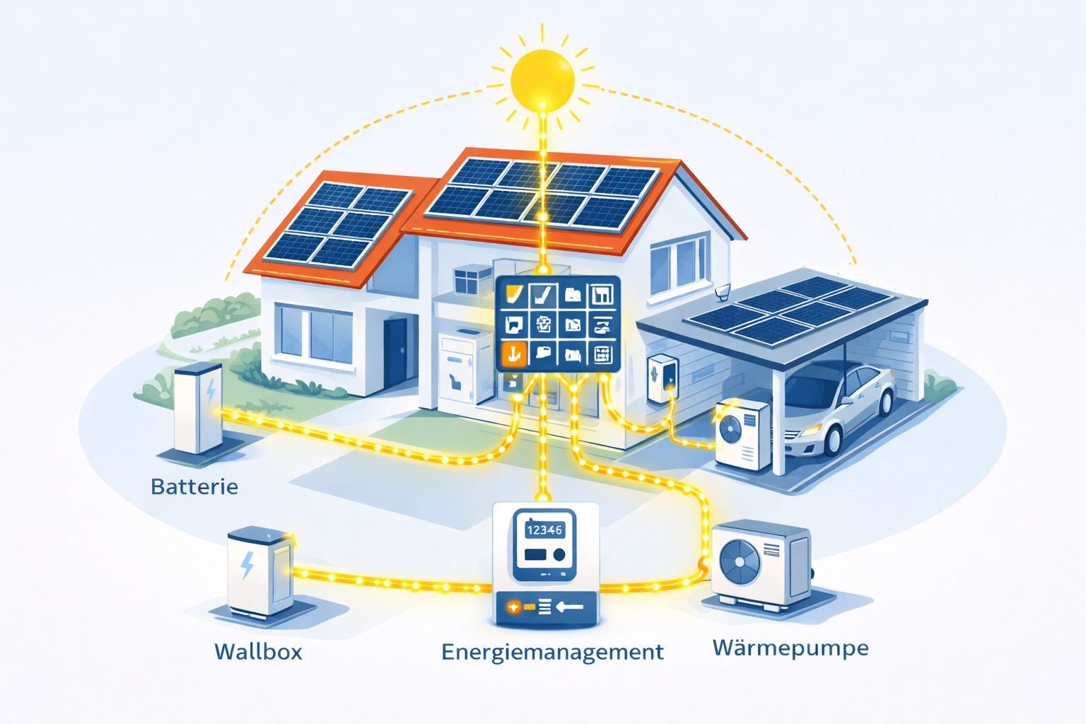 PV-Anlage mit Energiemanagement, Batterie, Wallbox und Wärmepumpe